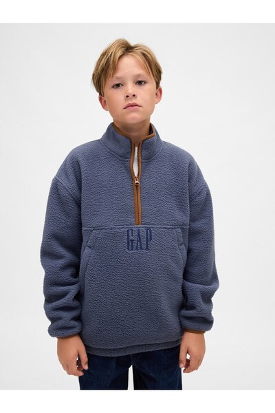 GAP Erkek Çocuk Mavi Sherpa Logo Yarım Fermuarlı Pullover