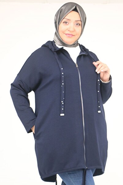 Eslina 43068 Plus Size Skirt Oval Cut Modal Jacket - Navy Blue