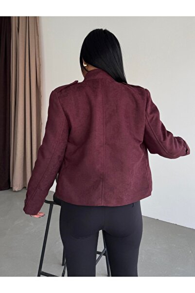 HARMONY GLOBAL Women's Burgundy Buckle Collar and Button Detail Vorse Suede Short Jacket – Elegant Posture, Stylish Suede Coat 7615