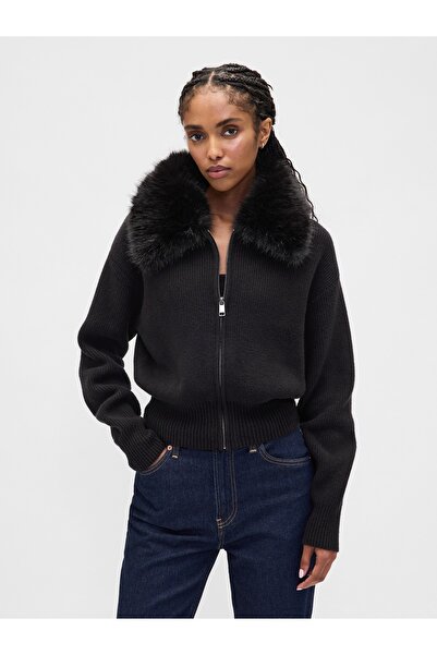 GAP Kadın Siyah CashSoft Suni Kürk Yaka Fermuarlı Hırka Kazak