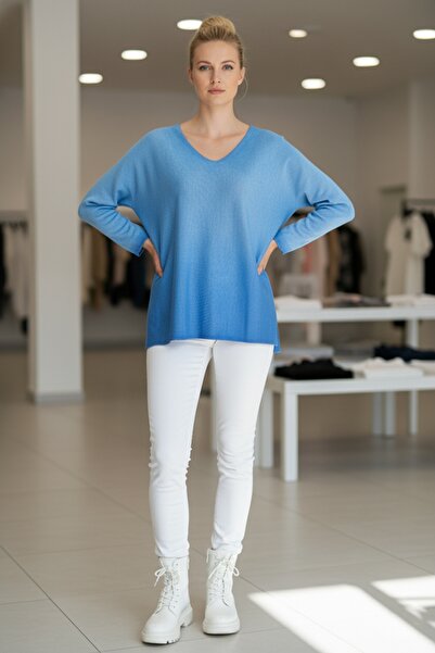 Chiccy Italian Blue V-Neck Long Sleeve Slim Washed Collar Skirt and Sleeve Tip Lurex Drawstring Knitwear Blouse 70 68