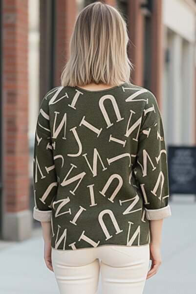 Chiccy Italian Khaki V-Neck Long Sleeve Slim Allover Ba Printed Asual Knitwear Blouse 70 70