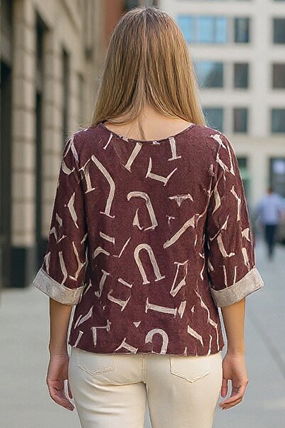 Chiccy Italian Burgundy V-Neck Long Sleeve Slim Allover Ba Printed Asual Knitwear Blouse 70 70