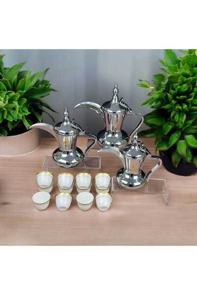 AR Al Saif Steel Coffee Pot Set (3 pieces) + 12 Gold Porcelain Coffee Cups
