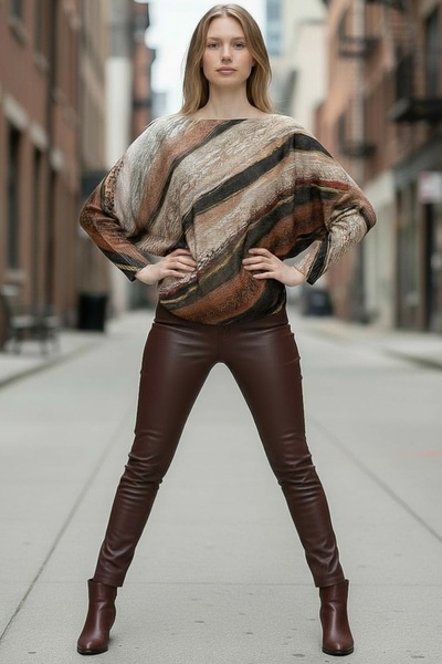 Chiccy Italian Beige-Black Boat Neck Batwing Sleeve Lurex Textured Casual Mercerized Knitwear Blouse 68 70