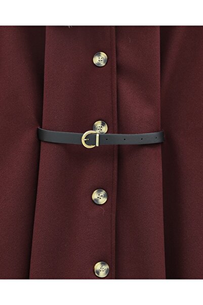 Modamorfo Buttoned Cashmere Poncho with Fur Collar and Belted Waist - Burgundy
