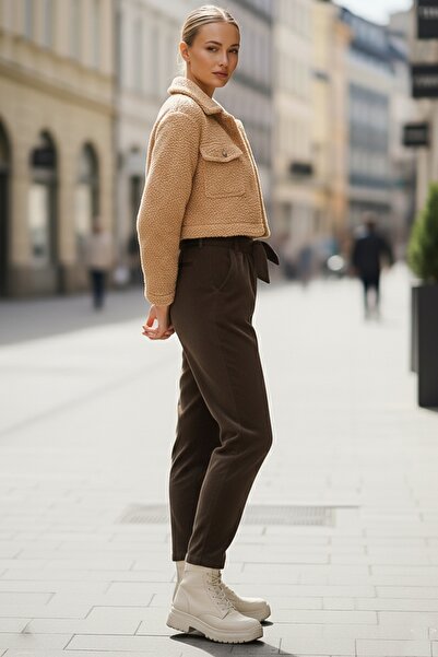Chiccy Italian Brown Pocketed Belted Elastic Waist Jogger Leg Casual Velvet Woven Trousers 100 65