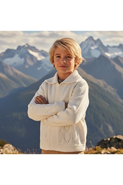 FESSHERA KİDS Children's Cardigan Knitwear Cardigan Knitted Patterned Peter Pan collar Cotton Unisex Cardigan