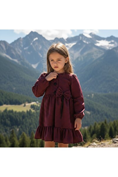 FESSHERA KİDS Φόρεμα για κορίτσια χειμερινό ριγέ φόρεμα με λεπτομέρεια με λαιμόκοψη με φιόγκο με μακρυμάνικο βολάν χειμερινό φόρεμα