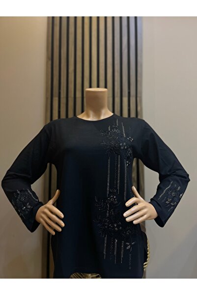 AKMAVİ Bluză neagră din bumbac pieptănat, cu pietre brodate, pentru femei de ...