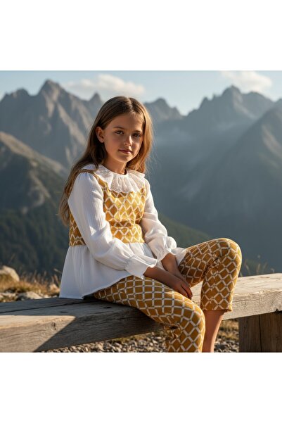 FESSHERA KİDS Girls' Stylish Lace Collar Long Sleeve Blouse and Patterned Pants Two-Piece Set / Special Occasion and Holiday Wear