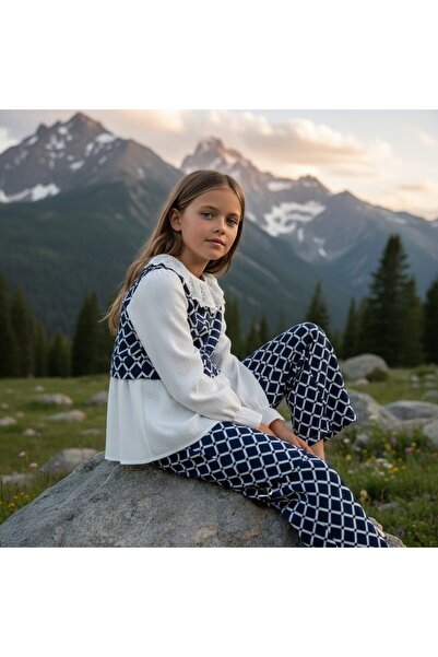 FESSHERA KİDS Girls' Stylish Lace Collar Long Sleeve Blouse and Patterned Pants Two-Piece Set / Special Occasion and Holiday Wear