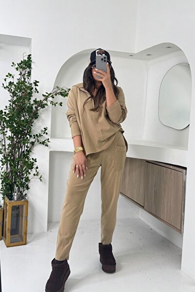 Sohotique By P Thin Fleece Front Pocket Tracksuit Beige