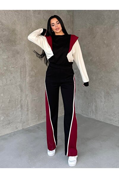 HARMONY GLOBAL Women's Black Red Two-Piece Sportswear Set – Comfortable O Oversized Top & Sh Striped Detail Wide-Leg Pants 7621