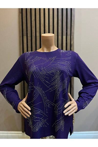 AKMAVİ Kadın Orta Yaş Ve Üzeri Pano Desenli Taşlı Mürdüm Anne Penye Bluz