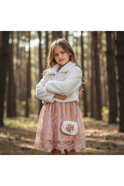 FESSHERA Girls' Dress Tulle Lace Princess Dress and Plush Coat Combination Chain Strap Mini Bag Set