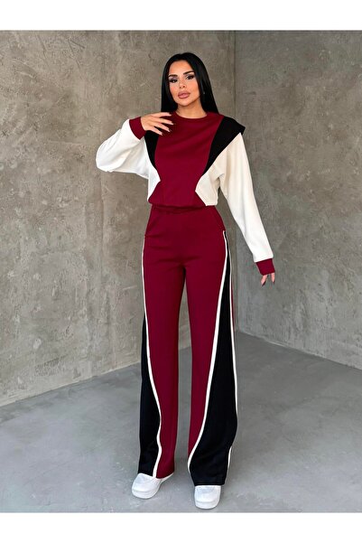 HARMONY GLOBAL Women's Red Black Two-Piece Sports Set – Comfortable O Oversized Top & Sh Striped Detail Wide-Leg Pants 7621