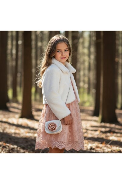 FESSHERA Girls' Dress Tulle Lace Princess Dress and Plush Coat Combination Chain Strap Mini Bag Set