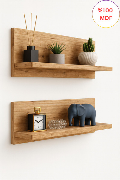 Kydonia Home 2 Adet 60 cm MDF Dekoratif Oval Köşeli Duvar Rafı Çam Ahşap Desenli