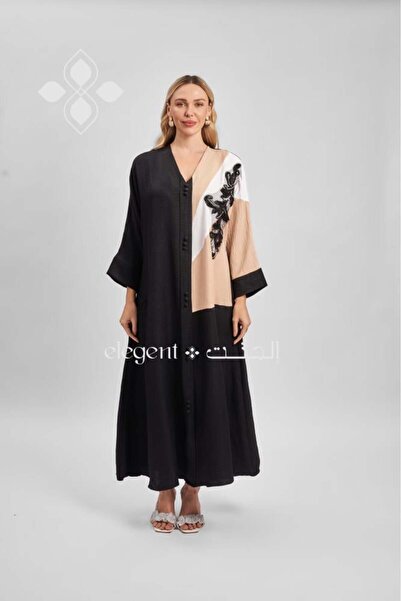 Elegent Elegant geometric embroidery jalabiya in black and beige