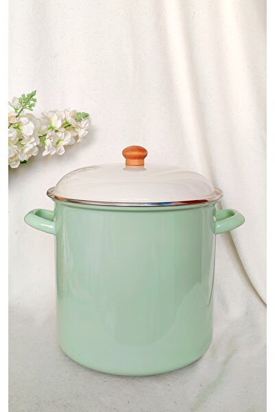 EBRULİEMAYE Mint Wooden Detail Enamel Stockpot Deep Pot Bakraç 10 Liters Jam Paste Canning Pot