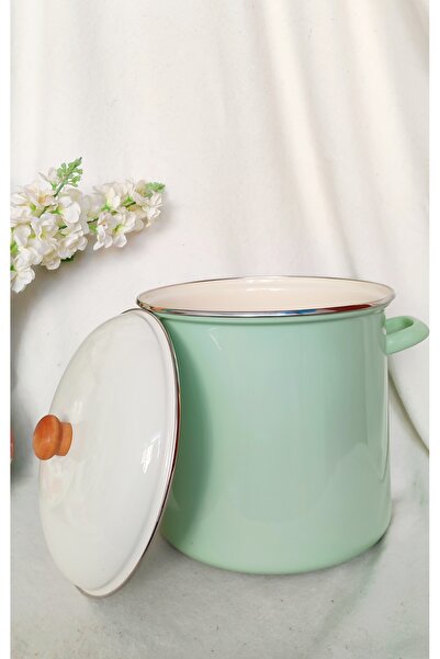 EBRULİEMAYE Mint Wooden Detail Enamel Stockpot Deep Pot Bakraç 10 Liters Jam Paste Canning Pot