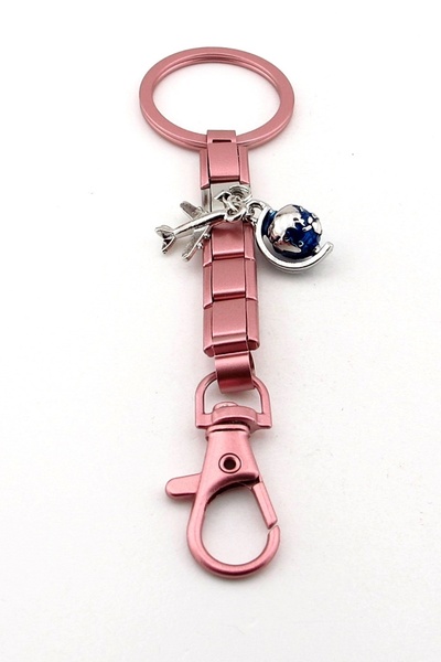 Solfera Airplane World Globe Travel Holiday Pink Steel Charm Bag Ornament Keychain Ky086