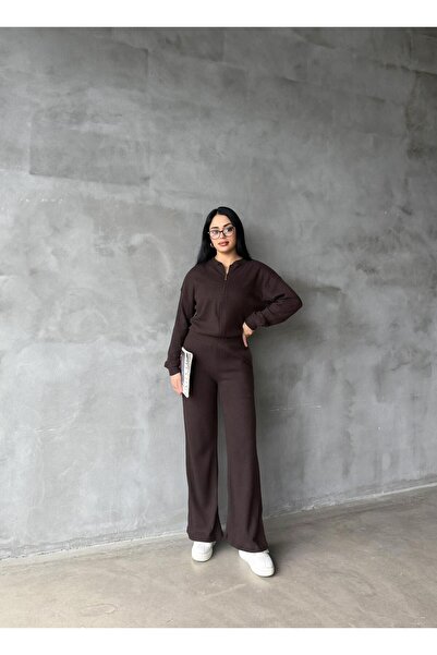 EYLANA Aci Brown Fleece-Lined Tricot Pants Bomber Jacket Women's Top-Bottom Set