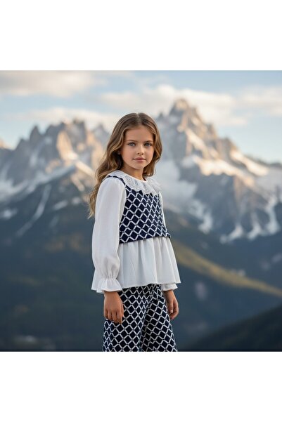 FESSHERA KİDS Girls' Stylish Lace Collar Long Sleeve Blouse and Patterned Pants Two-Piece Set / Special Occasion and Holiday Wear