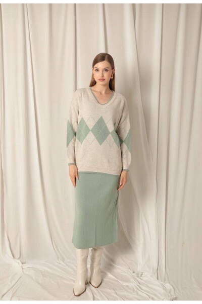 GİYSİ DÜNYASI 57 Tricot Fabric Midi Length Standard Bdn Sweater Skirt 2-Piece Set
