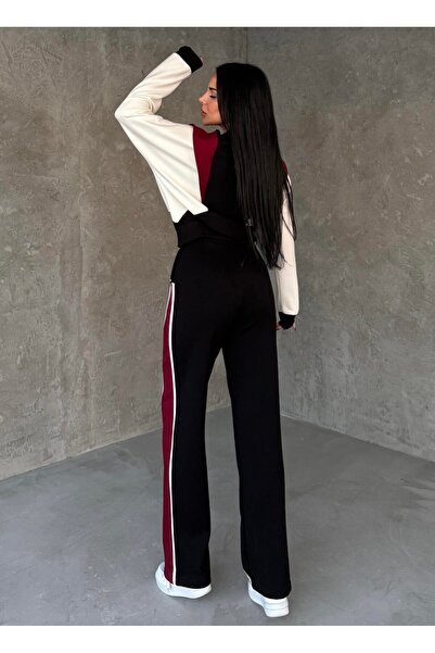 HARMONY GLOBAL Women's Black Red Two-Piece Sportswear Set – Comfortable O Oversized Top & Sh Striped Detail Wide-Leg Pants 7621