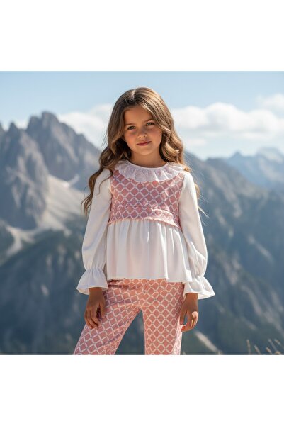FESSHERA KİDS Girls' Stylish Lace Collar Long Sleeve Blouse and Patterned Pants Two-Piece Set / Special Occasion and Holiday Wear