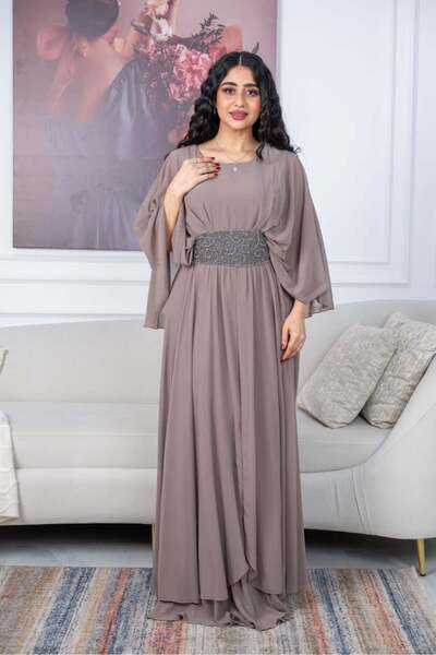 TREN Elegant Chiffon Maxi Dress with Embellished Belt and Flutter Sleeves for Special Occasions