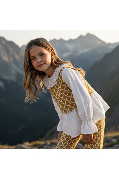 FESSHERA KİDS Girls' Stylish Lace Collar Long Sleeve Blouse and Patterned Pants Two-Piece Set / Special Occasion and Holiday Wear