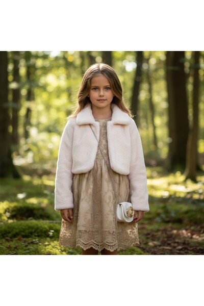 FESSHERA Girls' Dress Tulle Lace Princess Dress and Plush Coat Combination Chain Strap Mini Bag Set