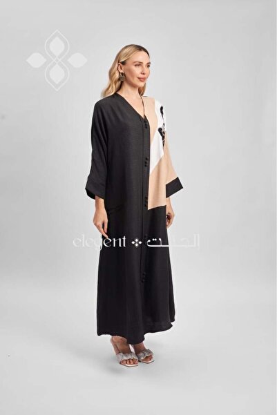 Elegent Elegant geometric embroidery jalabiya in black and beige