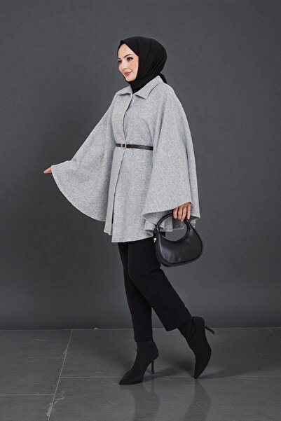 Cochines Women's Gray Gold Brooch Buttoned Belted Shirt Collar Crumpled Cashmere Short Coat Hijab Tunic Long Poncho