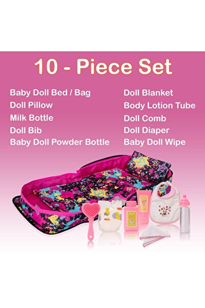 HappyVk Doll Bed Bag with Pillow, Blanket and Accessory Set - - Graffiti Model - Pink