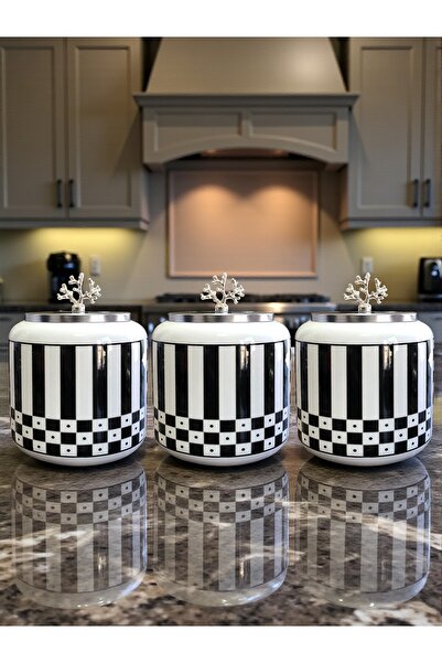ferayhome Büyük Boy Kahve Köşesi Seti Oval Baharatlık 1400 ml (Çay,Kahve,Şeker) Siyah Kare Dİk Çizgi GÜMÜŞ