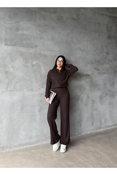 EYLANA Aci Brown Fleece-Lined Tricot Pants Bomber Jacket Women's Top-Bottom Set