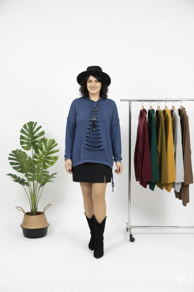 ÇİZGİ Kadın Kapüşonlu Yırtık Detaylı Mavi Triko Kazak | Salaş Uzun Tunik