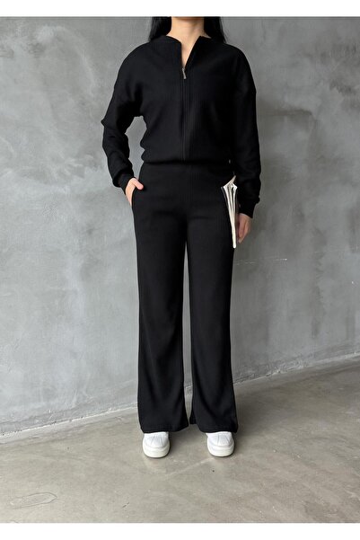 EYLANA Black Sh Fleece-Lined Tricot Pants Bomber Jacket Women's Top-Bottom Set