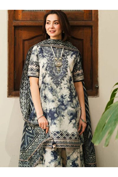 MYSMAR White and Blue Colored Swiss Jacquard Lawn Top Bottom Dupatta - BPK1005 | White