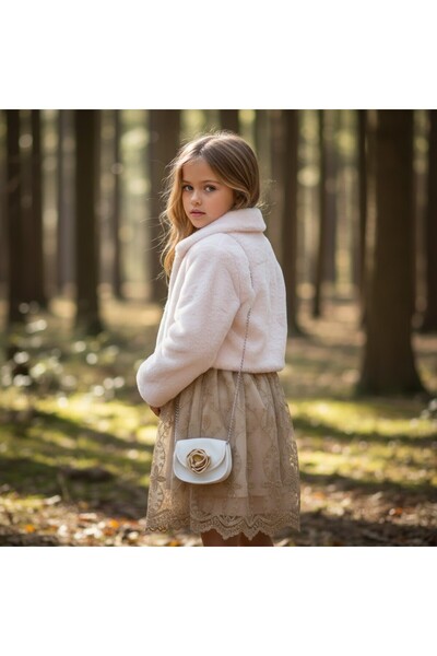 FESSHERA Girls' Dress Tulle Lace Princess Dress and Plush Coat Combination Chain Strap Mini Bag Set