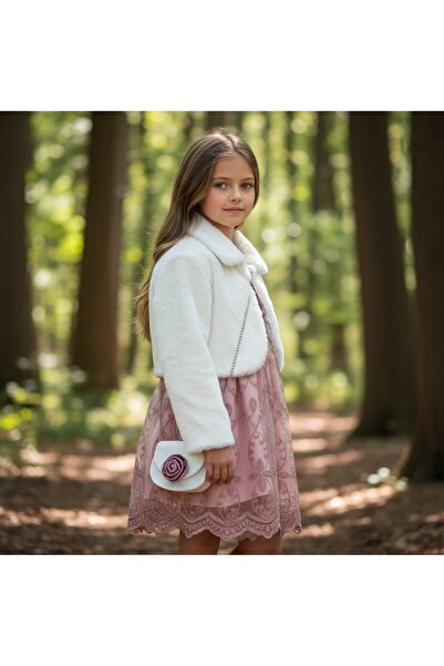 FESSHERA Girls' Dress Tulle Lace Princess Dress and Plush Coat Combination Chain Strap Mini Bag Set