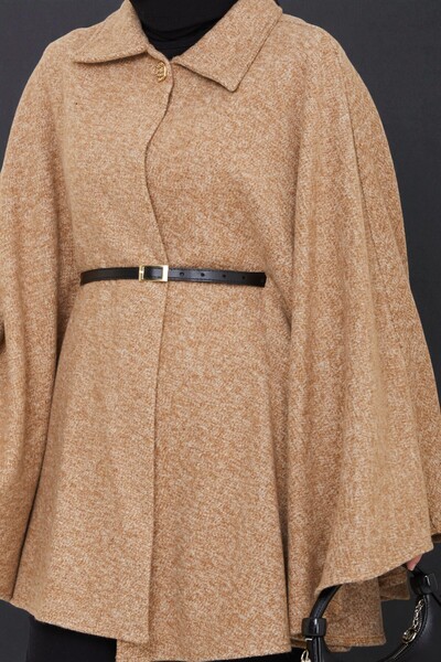 Cochines Women's Tan Gold Brooch Buttoned Belted Shirt Collar Wrinkled Cashmere Short Coat Hijab Tunic Long Poncho