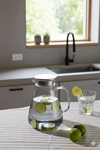 Qerhome Borosilikat Cam Metal Kapaklı Lüks Sürahi 1900 ml (FÜME)