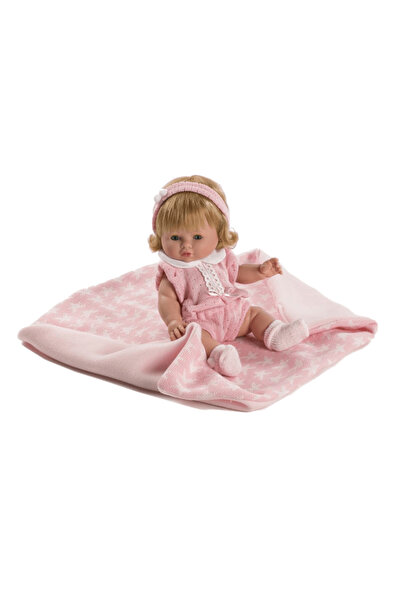 Berbesa Papusa Bebelus cu paturica si costumas roz, 34 cm,
