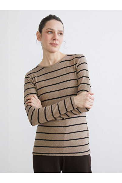 LC Waikiki LCWAIKIKI Basic Brown Bicycle Neck Striped Дамска тениска