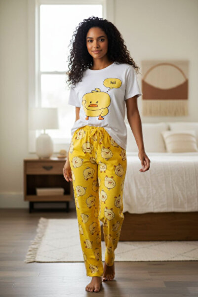 Star Fashion Women's cotton pajamas, short sleeves, cheerful print, long pants